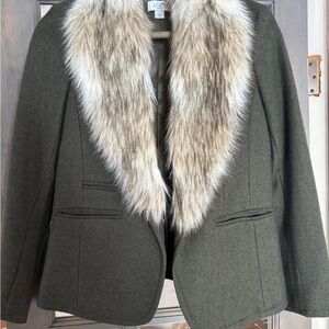 LOFT Olive Blazer with Faux Fur Collar